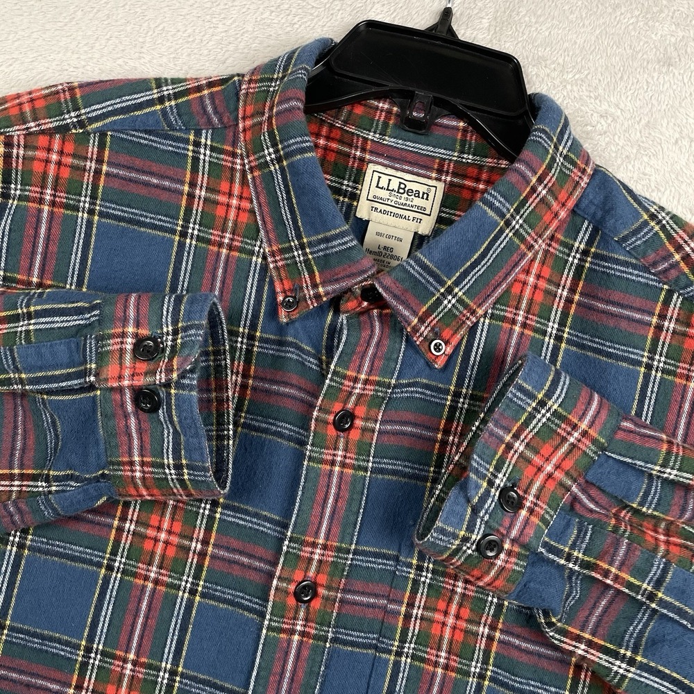 LL Bean Scotch Plaid Flannel Shirt Men Large Blue Multicolor Western Button Down